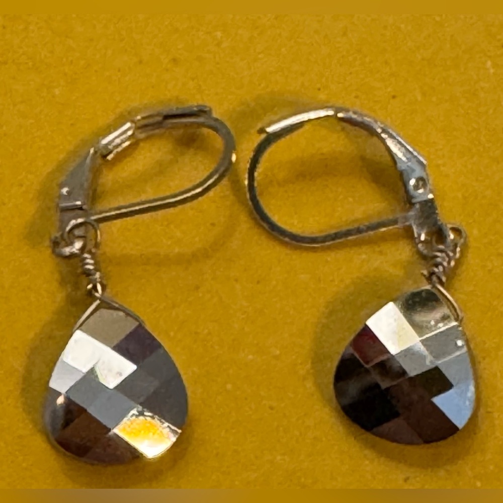 Earrings - sterling silver leverback dangle mirror-back faceted - Picture 3 of 8